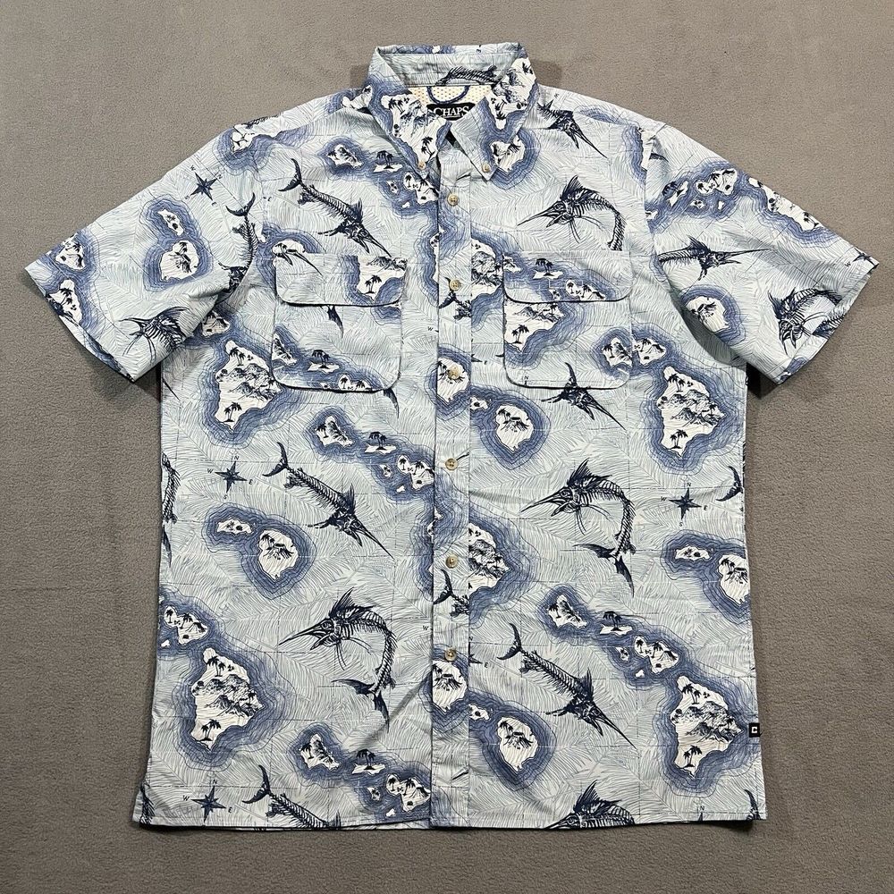 Chaps Hawaiian‎ Shirt Mens M Blue Button Down Fishing Islands Swordfish Skeleton